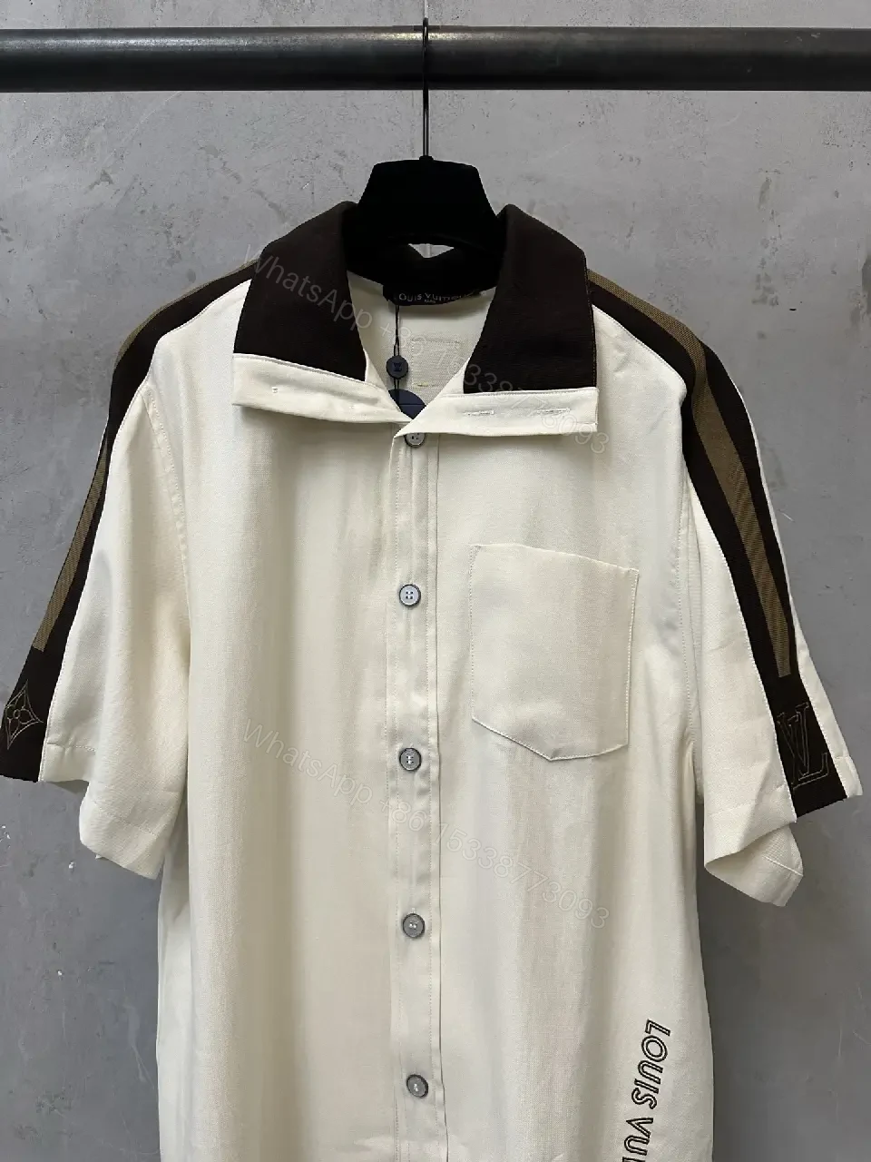 View 6 of White Cotton Polo Shirt with Black Accent Louis Vuitton Style Key Feature Pocket Short Sleeve Shirt