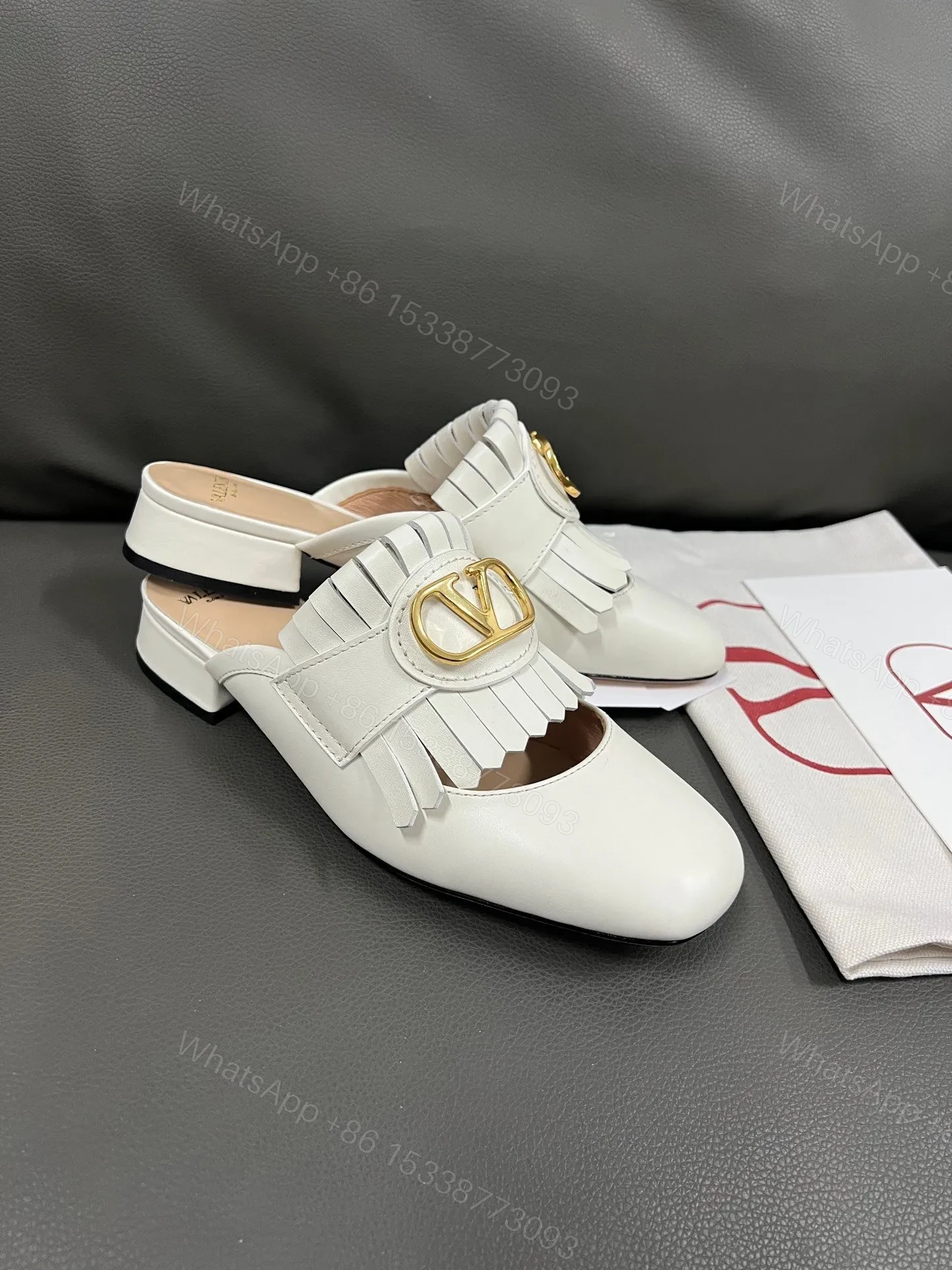 View 4 of Valentino Women White Leather Fringe Mules