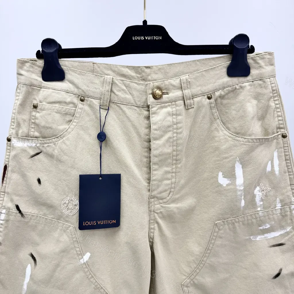 View 3 of Beige Denim-Style Shorts with LV Details, Distressed Comfort