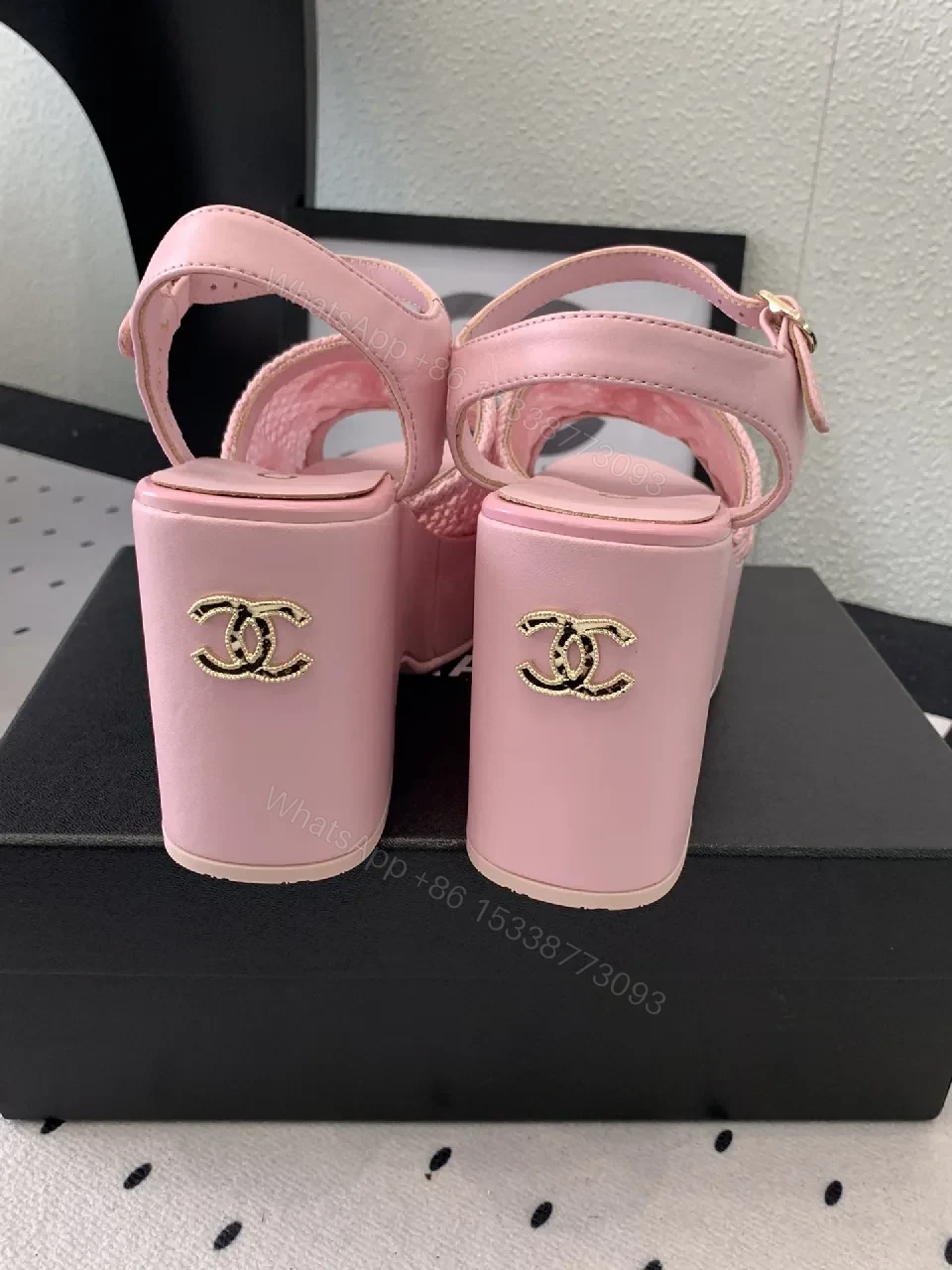 View 9 of Pink Knit-strap Platform Sandals with Pave Textured Sole