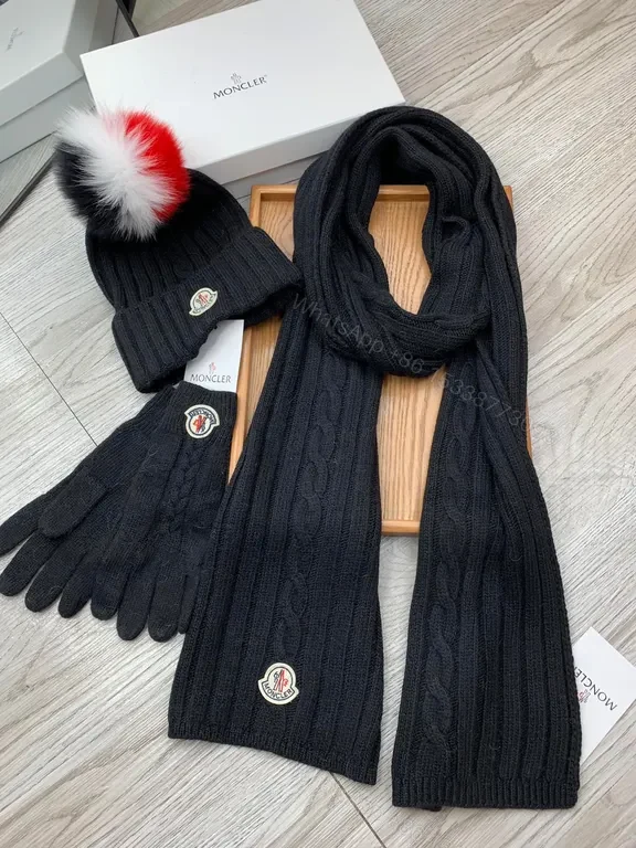 View 4 of Chic Black Wool Cable-Knit Set: Moncler Scarf & Beanie Gloves