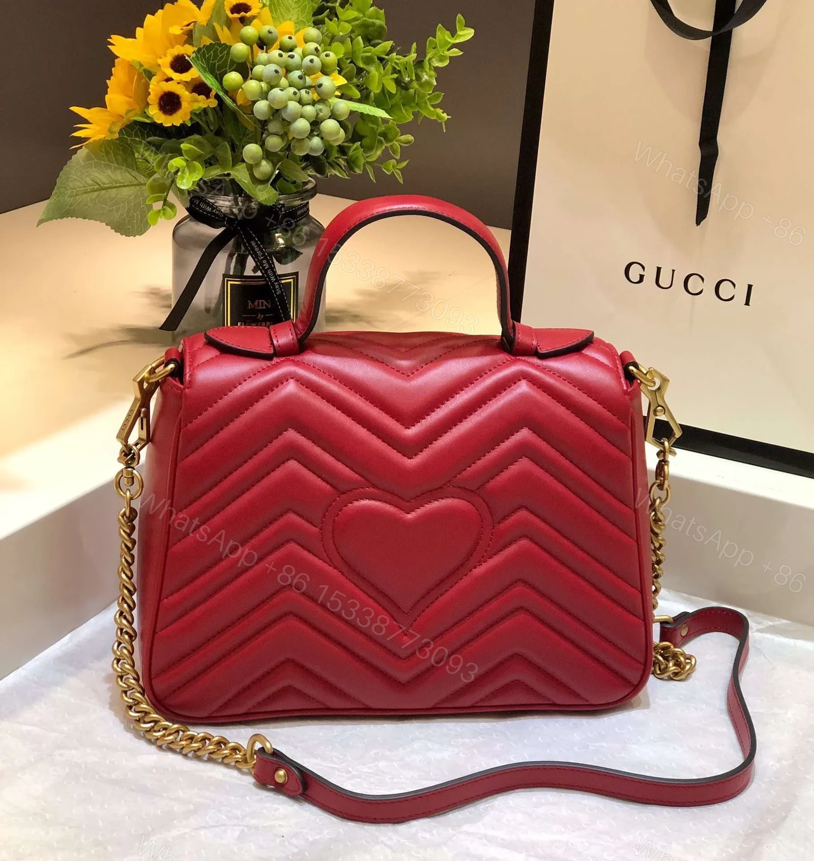 View 7 of Gucci Marmont Top Handle Like Auth Women’s Handbag Red 27cm