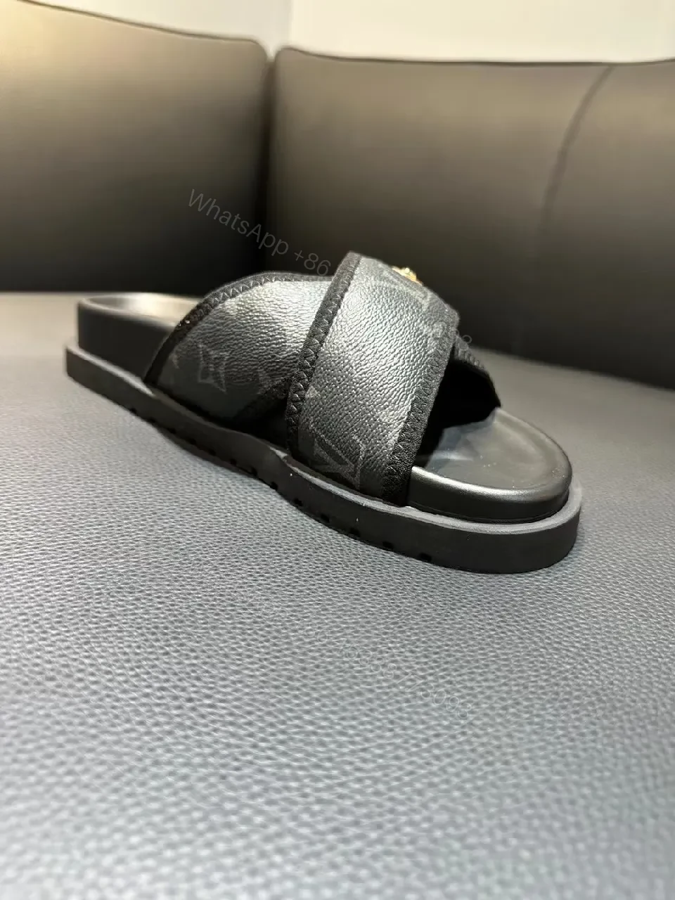 View 5 of Black Monogram-Texture Cross-Over Slides: All-Day Comfort