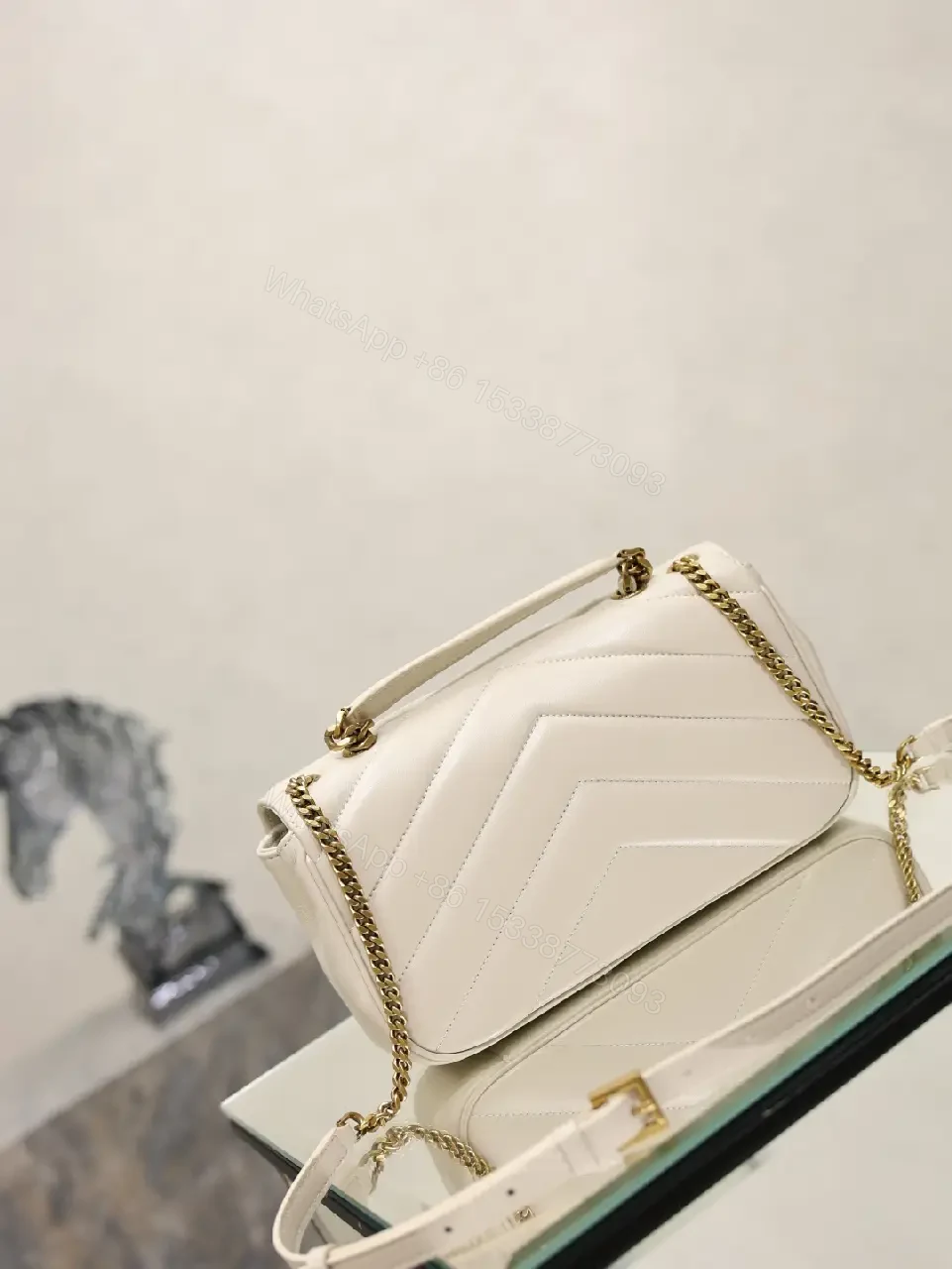 View 9 of White Leather Luxury Handbag Chevron Quilted Top Handle Bag