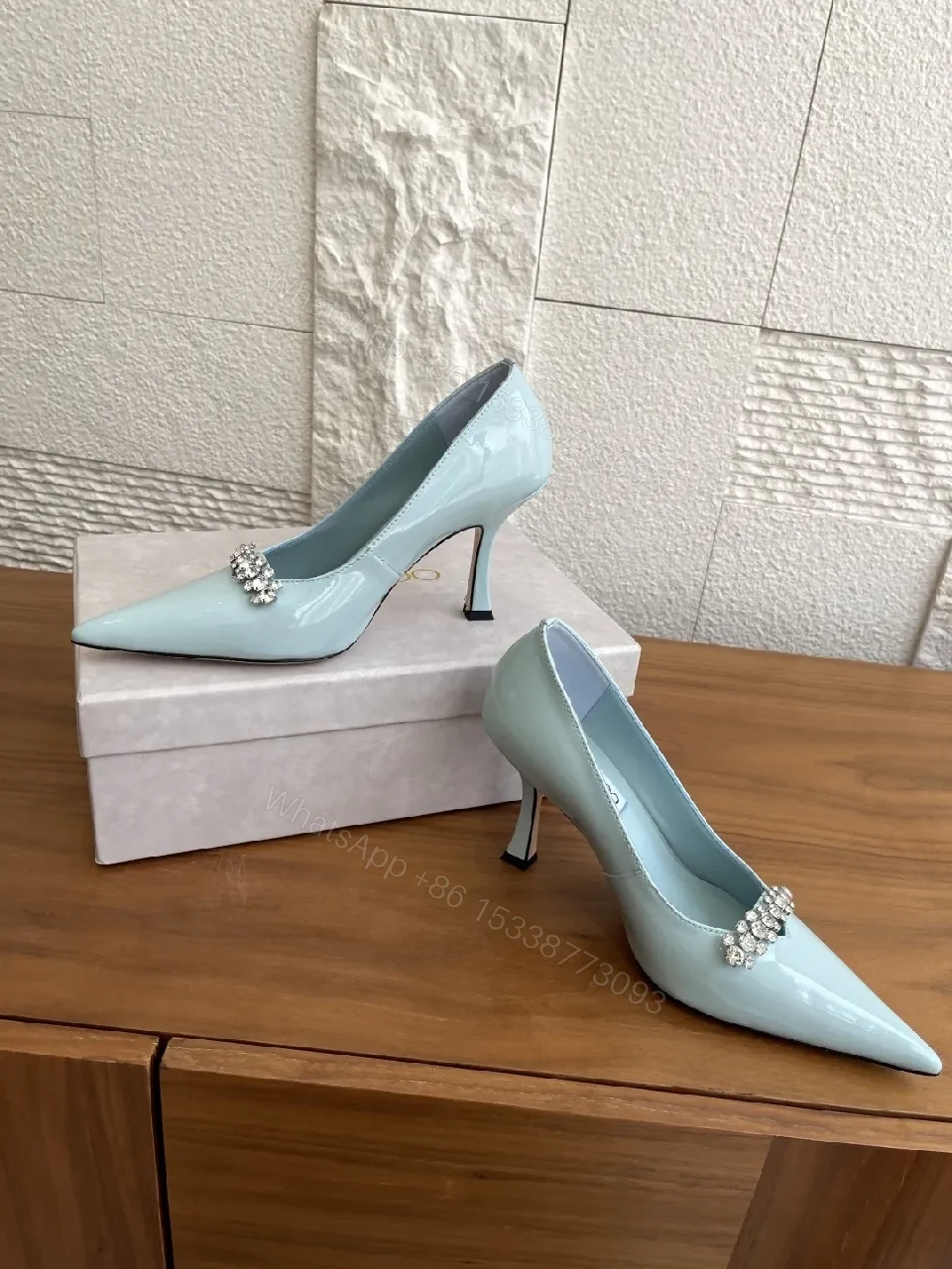 View 7 of Mint Satin Crystal-Embellished Pointed Pumps