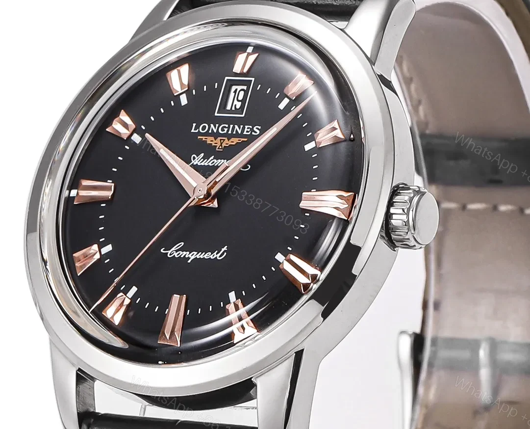 View 4 of Longines Conquest Classic Re Edition Cyclops Watch Black Dial with Gold Markers 40mm Stainless Steel Case Italian Leather Strap