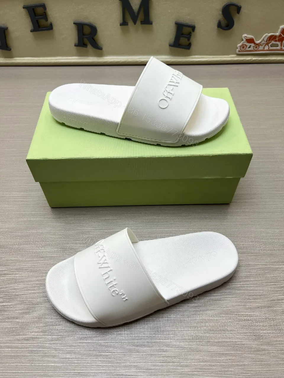 View 7 of White Leather-Feel Slides + Embossed Logo + Minimalist Luxury Sandals