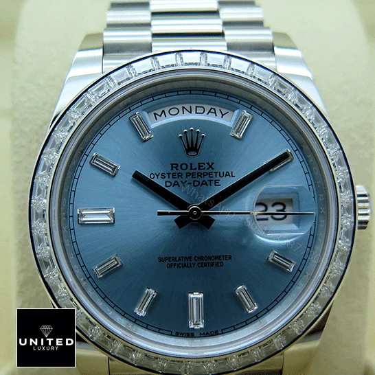 View 9 of Rolex Day-Date Platinum 228396TBR Ice Blue Baguette Index Replica
