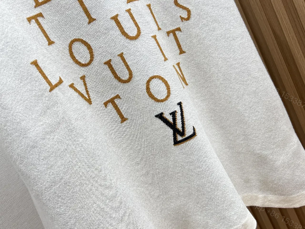 View 3 of Light Beige Crewneck T-Shirt with Gold-Brown Circular LV Print