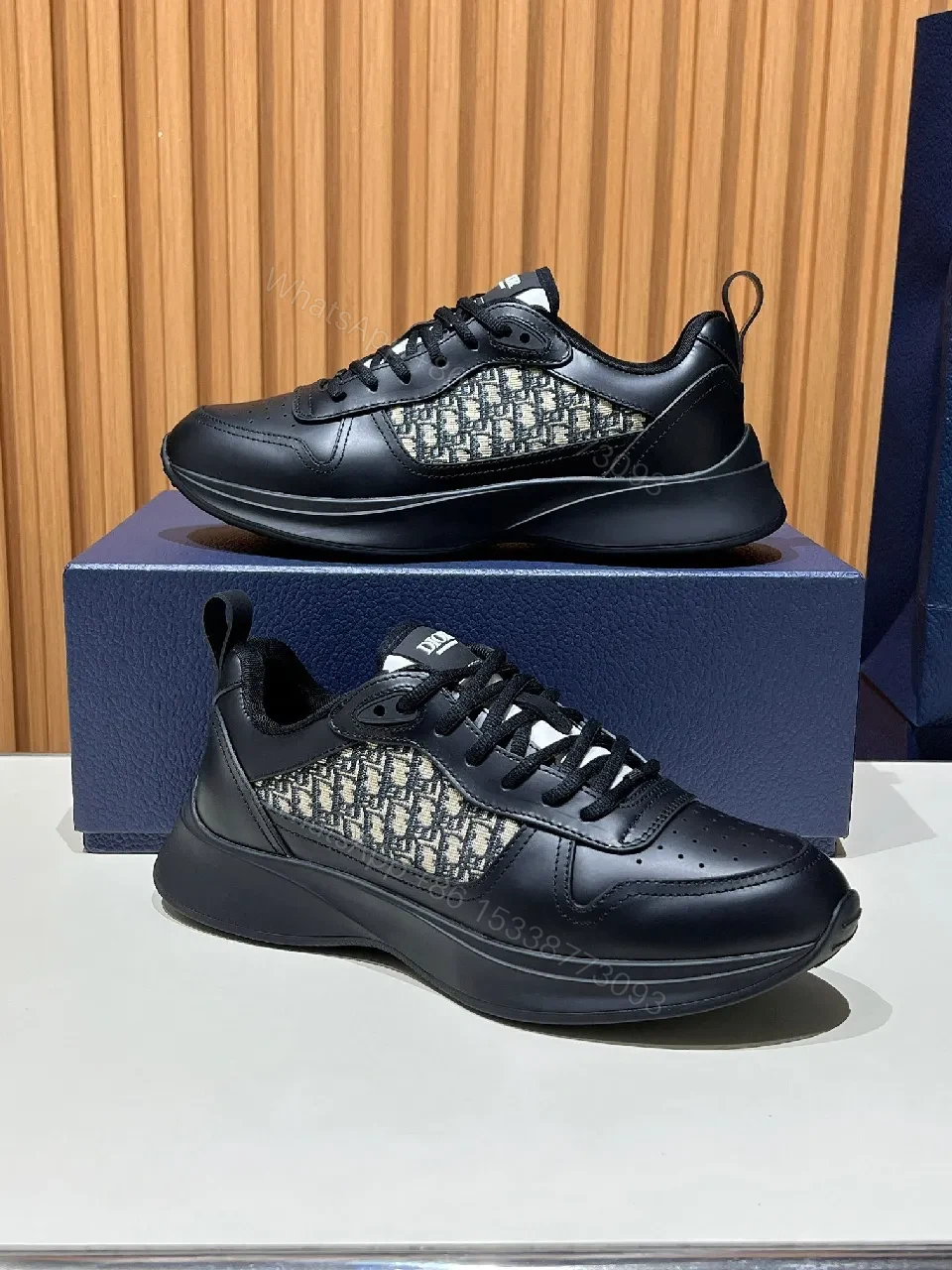 View 2 of Lux Black Leather-Details Sneaker: Knit Panels, Modern Streetwear