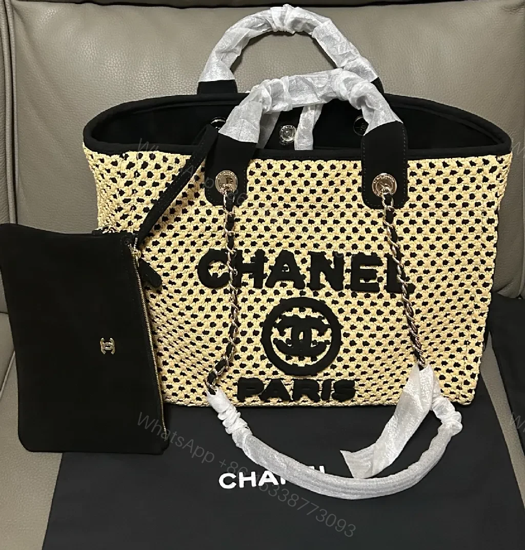 Raffia Tote: Signature Logo, Leather Trim, Chic Carry — view 1