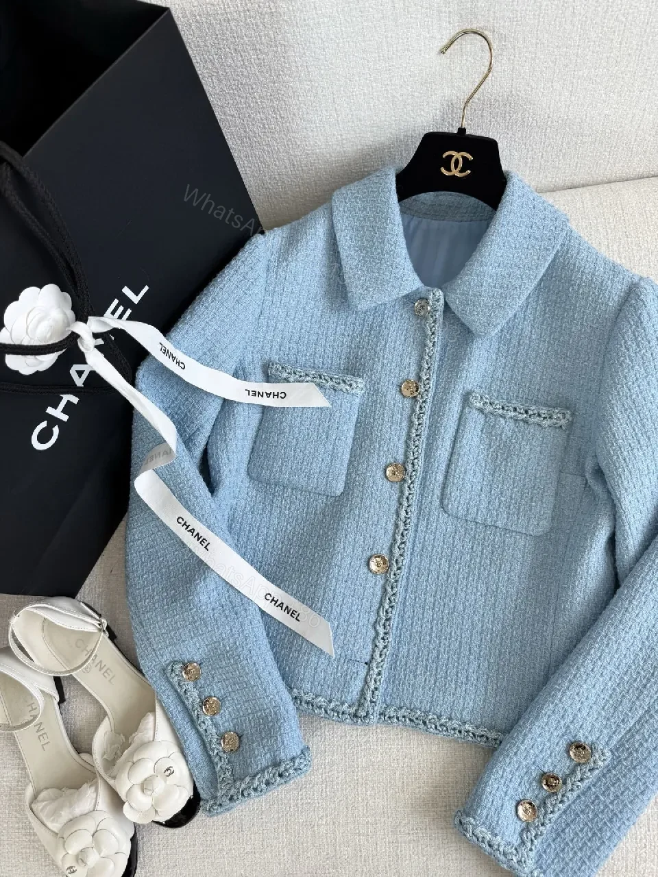 Soft Blue Tweed Jacket with Fringe Detail, Light-Cropped Style — view 1