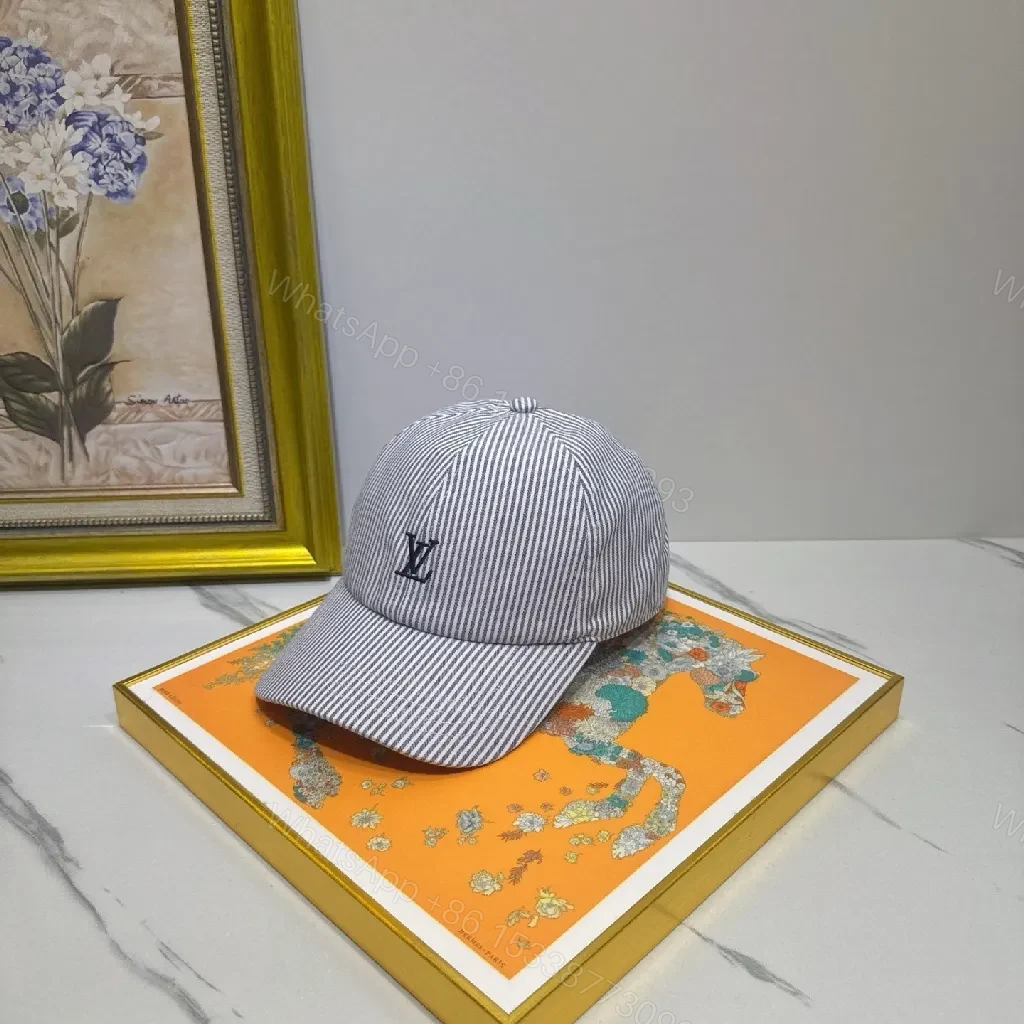 Striped Linen-Look Cap with Subtle Monogram Motif — view 1