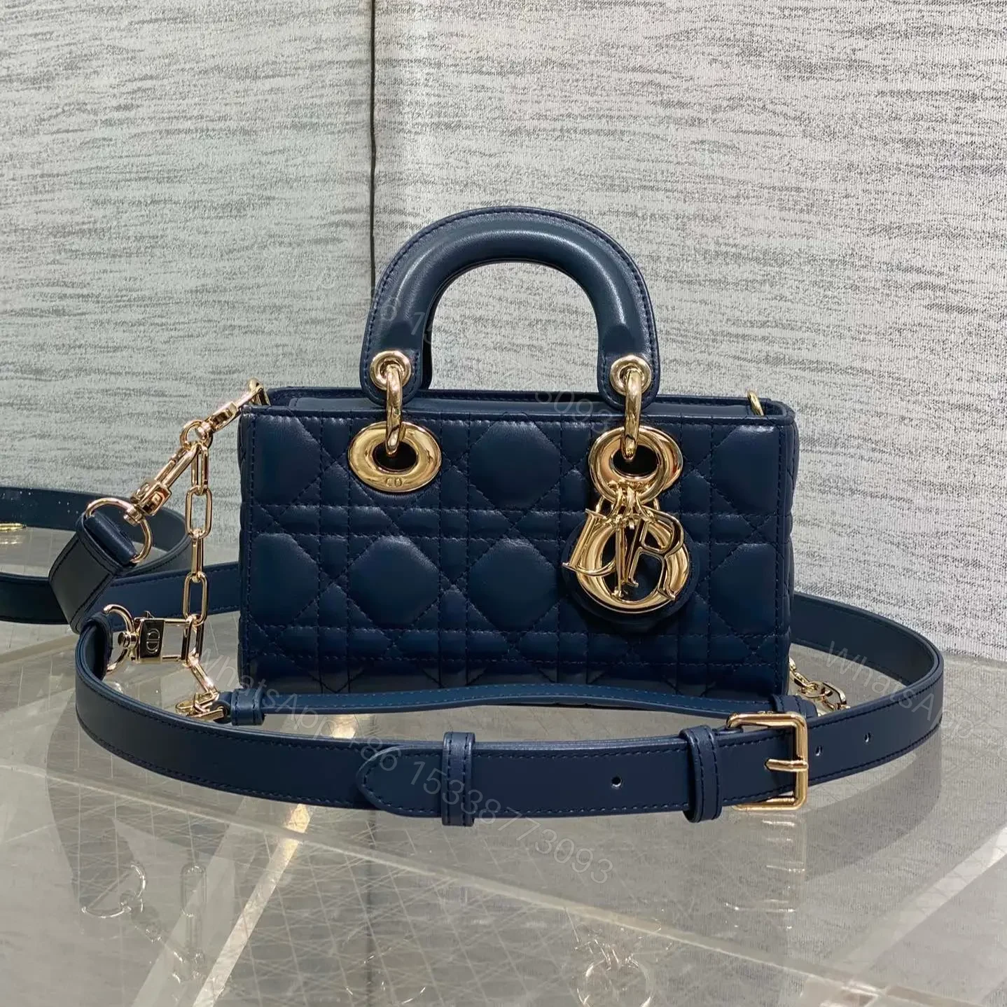 DIOR SMALL LADY D‐JOY BAG 19 IN DARK BLUE CANNAGE GOLD HARDWARE — view 1