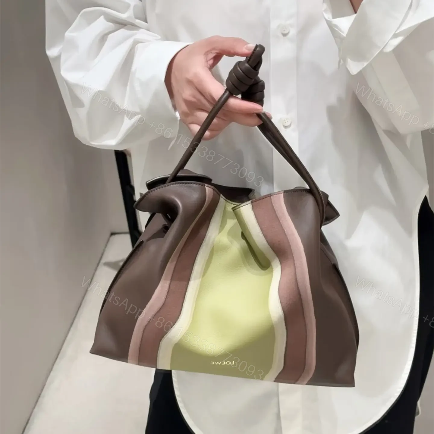 View 17 of 高仿Loewe*Flamenco系列0017拼皮單肩包巧克力中號免檢版