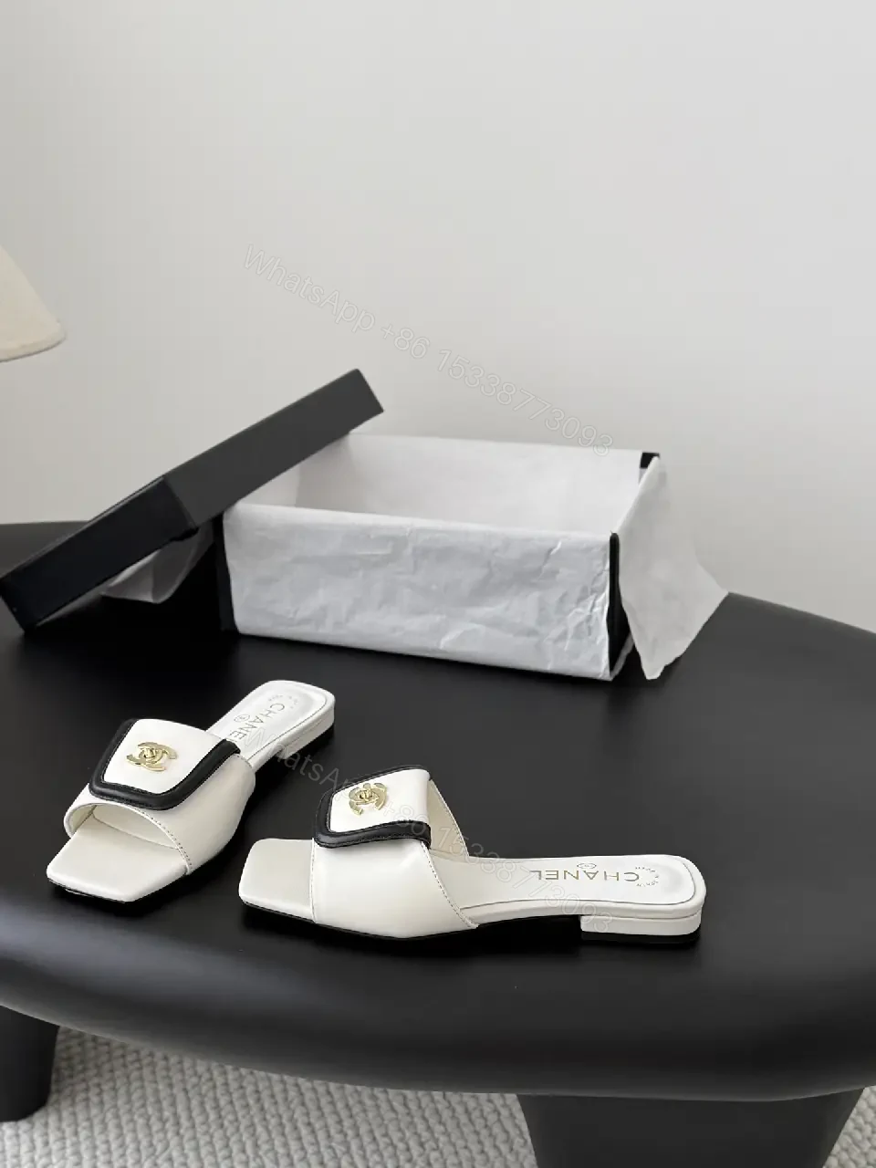 View 6 of White Leather Mules - Gold Logo Hardware, Open-Back Square Toe