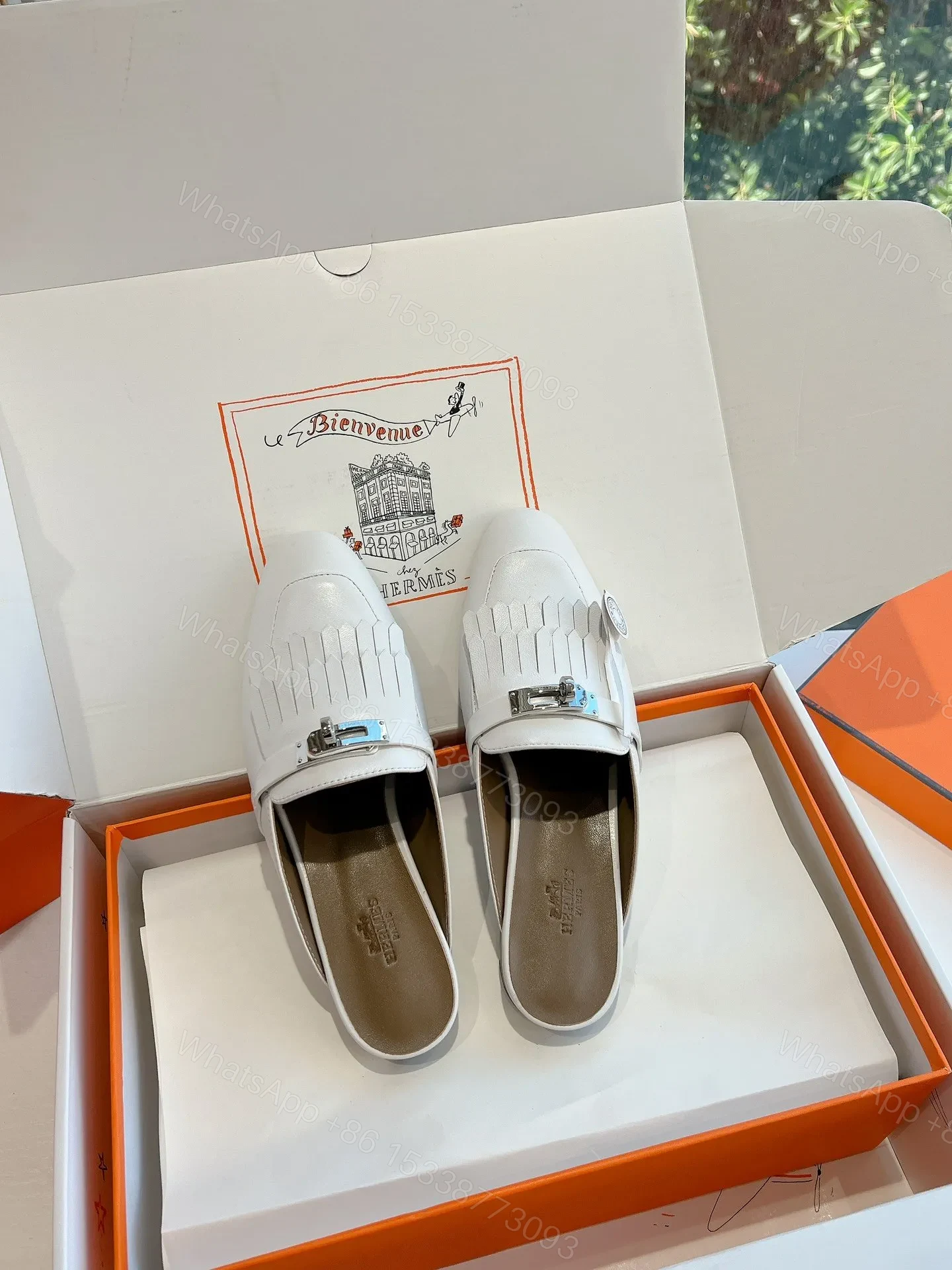 View 4 of Hermes Women White Leather Fringe Mules