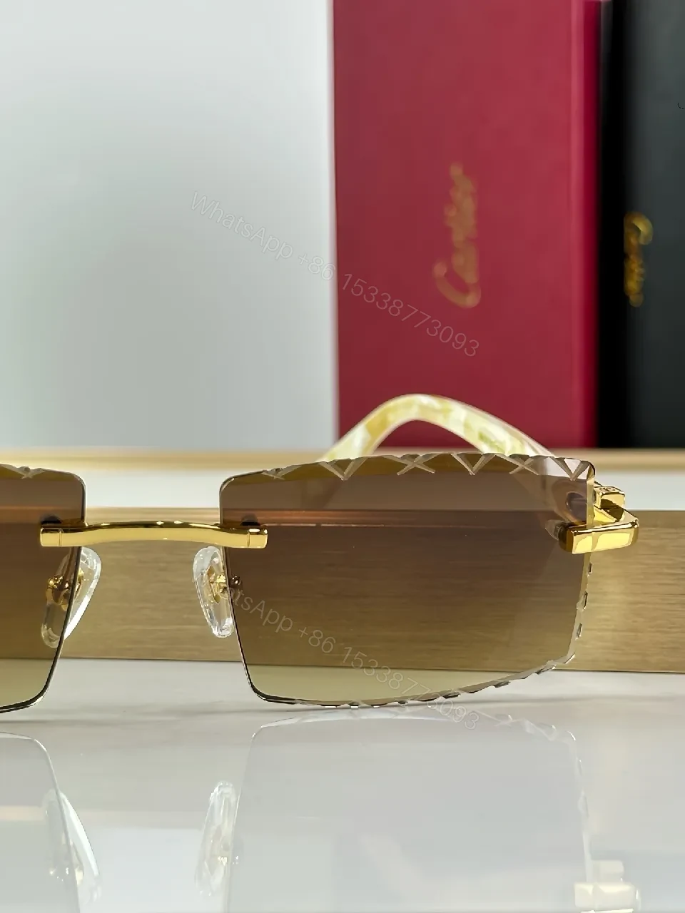 View 4 of Rimless Shield Sunglasses: Gold Accents, Luxury Minimalism