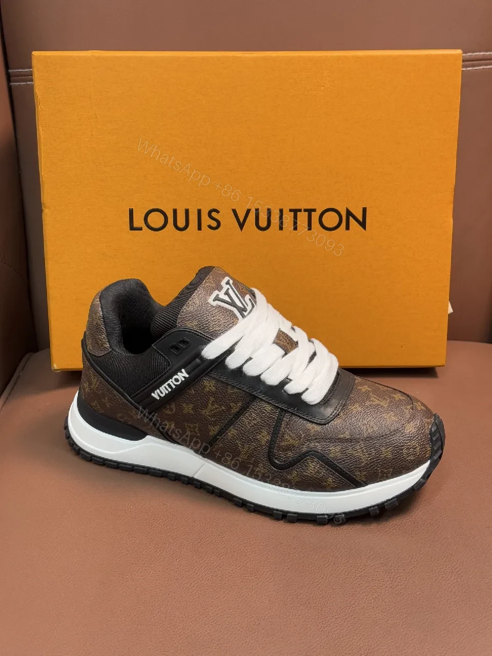 View 8 of Brown Monogram-Texture Sneakers with White Accents, Low-Top Style