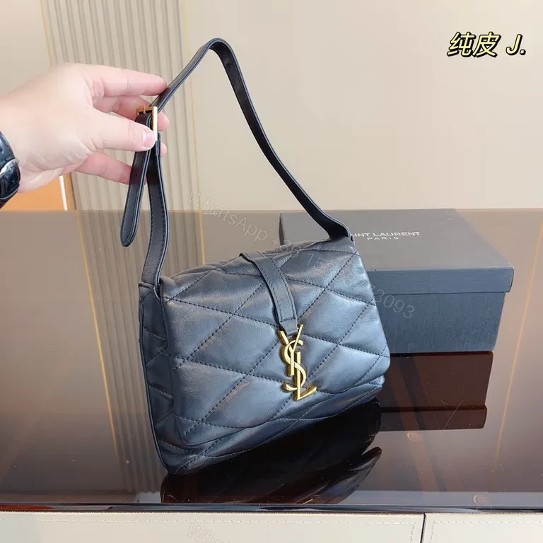 View 8 of Navy Quilted Leather Shoulder Bag with YSL Hardware