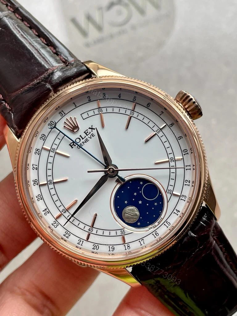 View 3 of Rolex Cellini Moonphase 50535 RG White Dial on Leather Strap Asia 3195 Mod