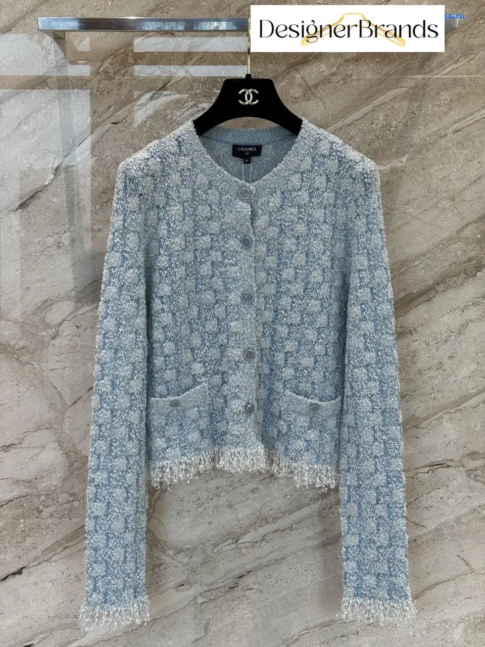 View 2 of Bouclé Bluish-Gray Cardigan Jacket: Luxe Texture & Comfort