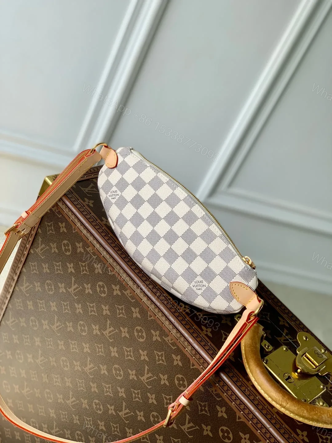 View 5 of LV KEEPIT BUMBAG 29 IN WHITE GREY CHECKERBOARD PATTERN DAMIER AZUR COATED CANVAS