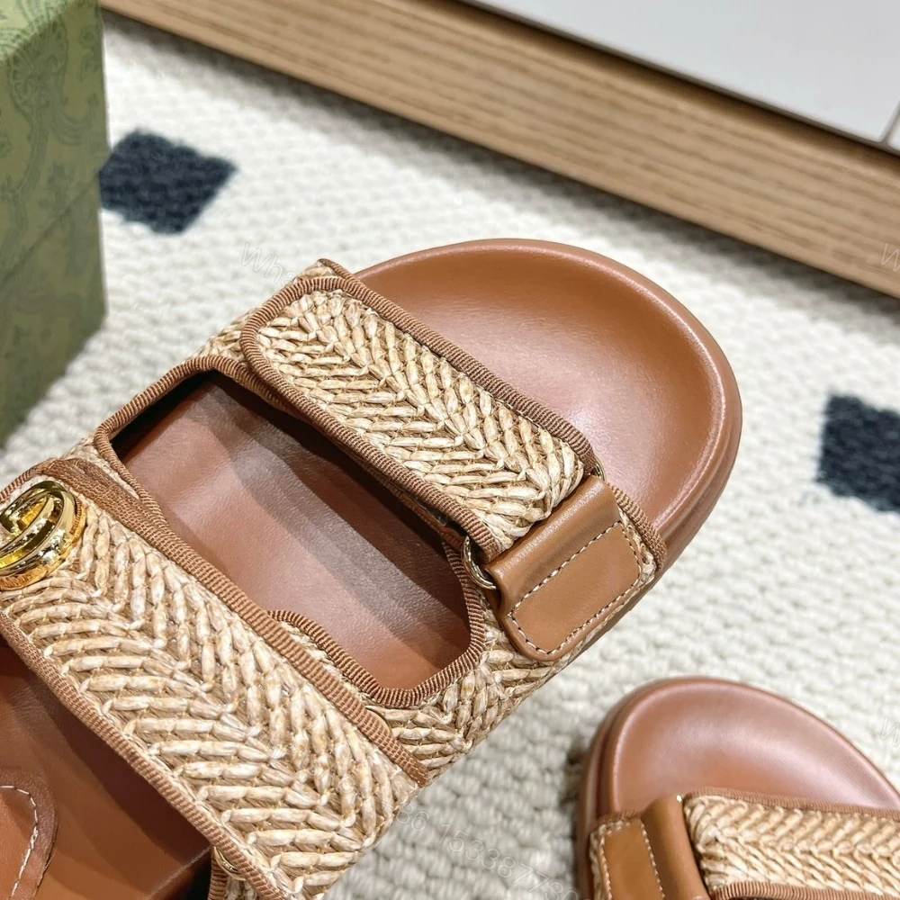 View 4 of GUCCI WOMEN SANDAL WITH DOUBLE G NATURAL RAFFIA BROWN