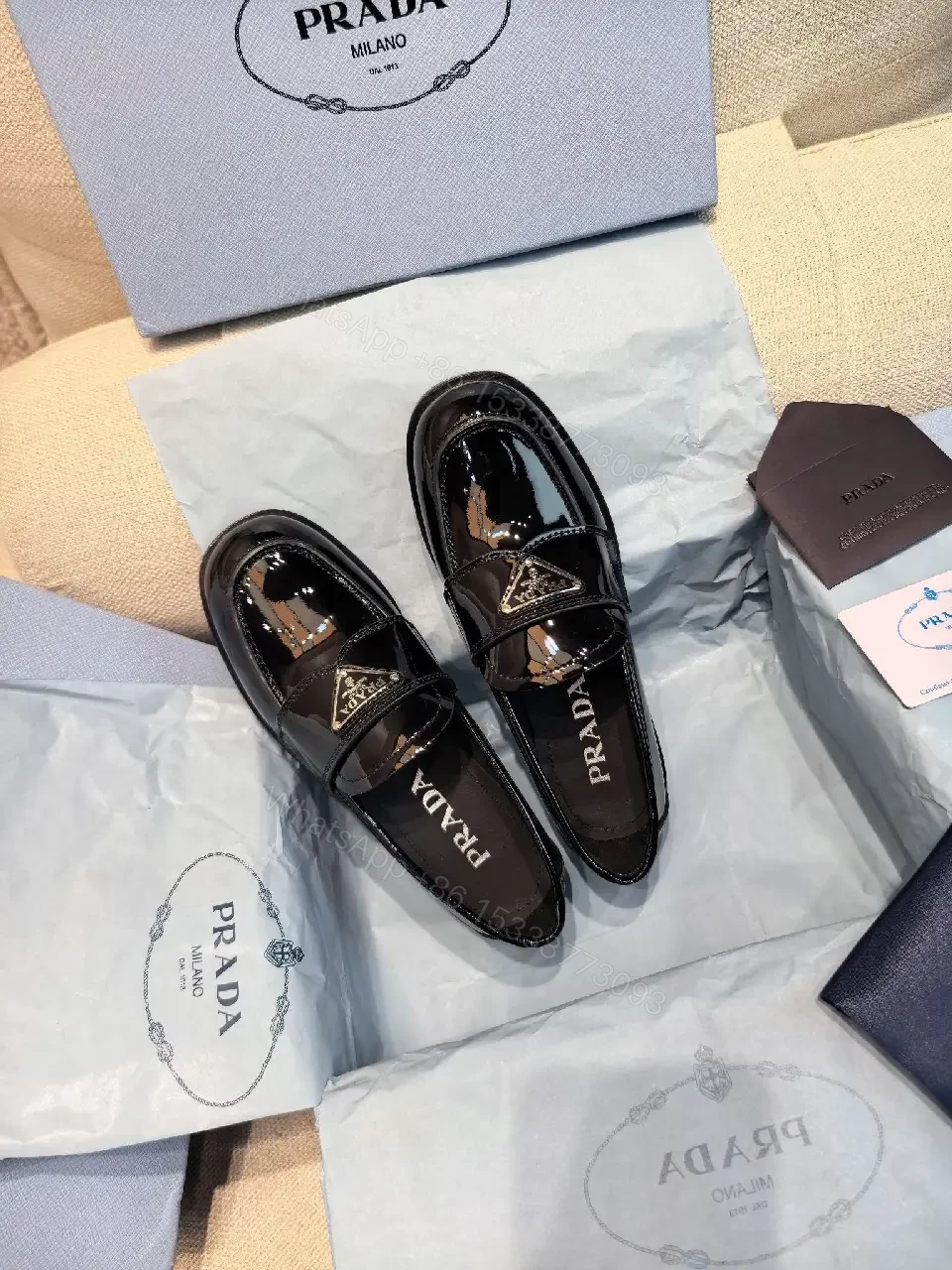 View 6 of Black Patent Leather Loafers Prada Style Feature: Logo Detail Shoe Type: Loafers