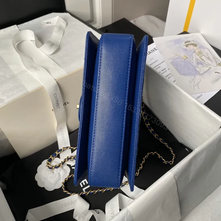 View 6 of Blue Quilted Mini Bag with Gold Hardware - Luxury Caviar Leather Style