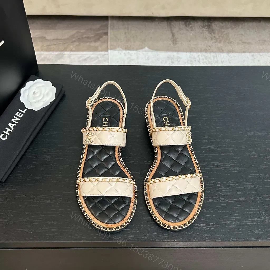 View 2 of Quilted Sandal with Chain Trim – Luxury Two-Tone Style