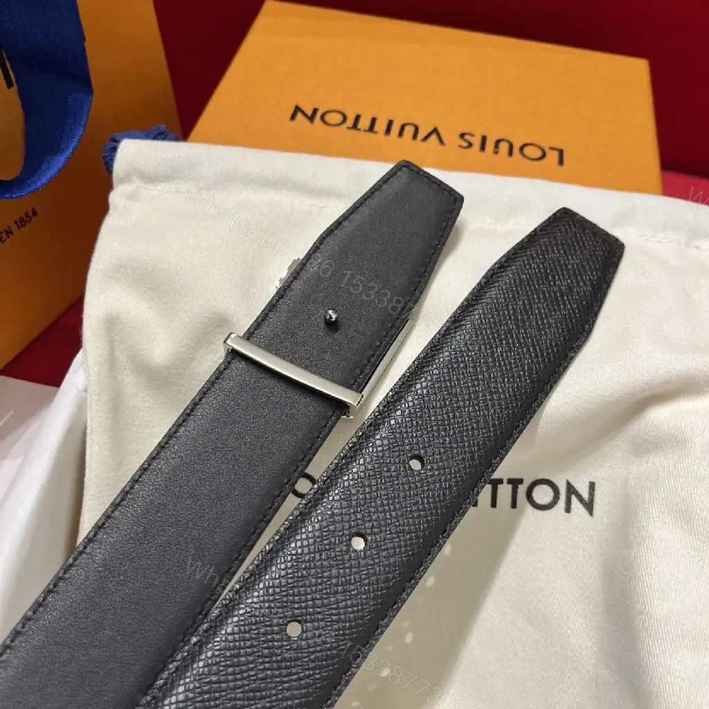 View 7 of Black Leather Belt with Silver LV Logo Buckle, Classic Pebbled Texture