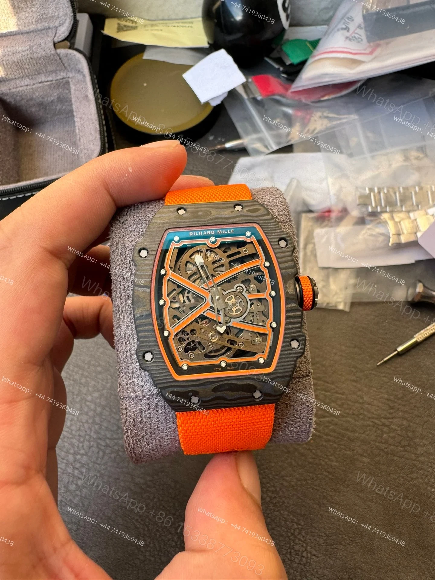 Super Clone Richard Mille RM67-02 Carbon TPT Skeleton Tourbillon 1:1 Replica Watch with Orange Strap — view 1