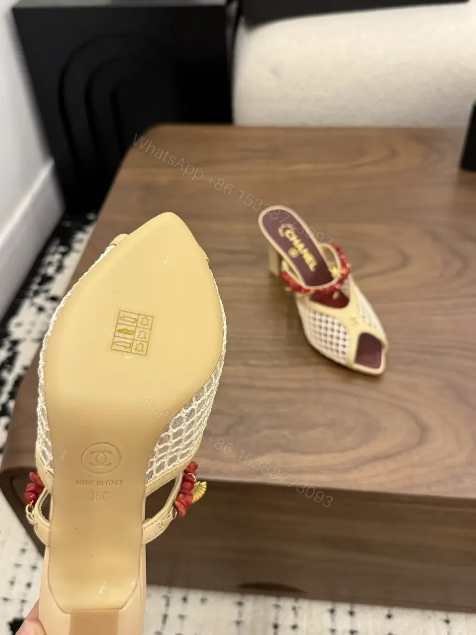 View 5 of Beige Mesh Leather Vintage Red Embellishments Chanel Heels