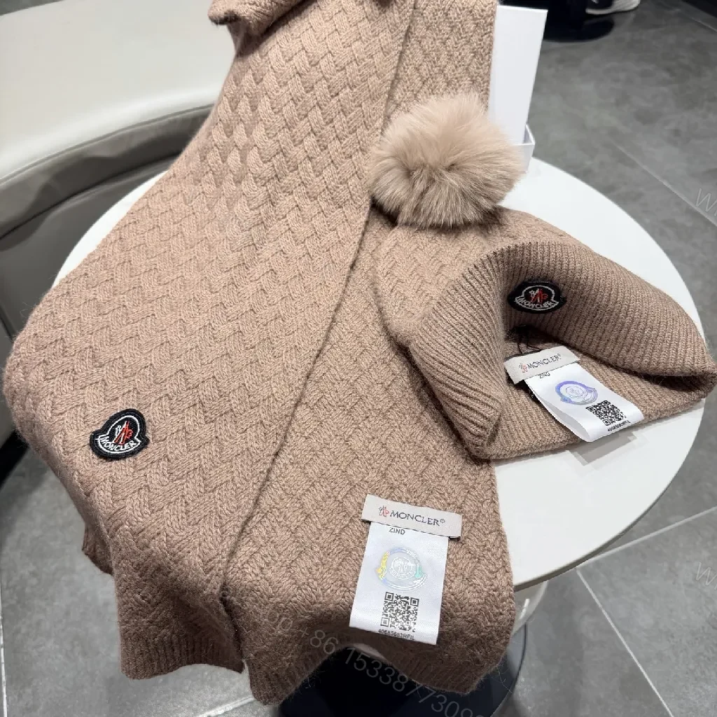 View 8 of Camel Knit Set: Plush Beanie & Scarf with Crest Detailing