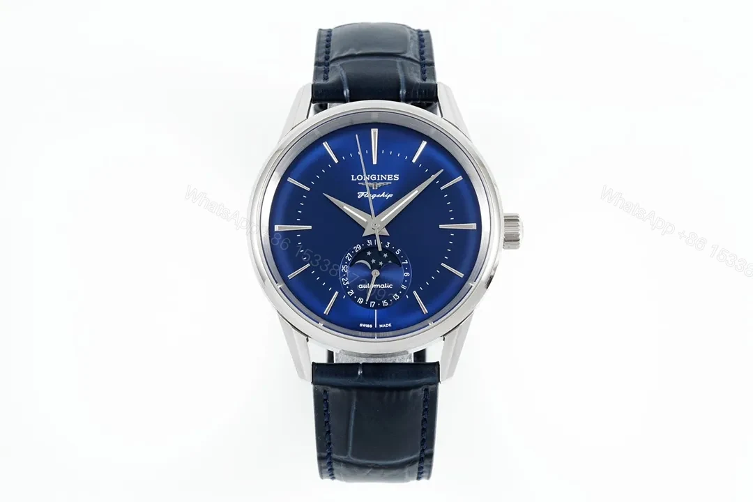View 2 of Longines Classic Flagship Blue Dial Moon Phase Automatic Watch with Leather Strap