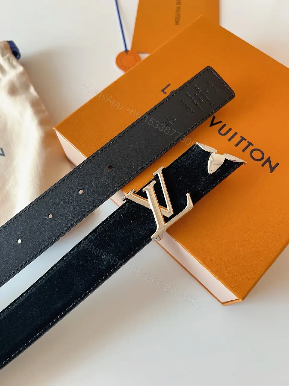 View 3 of Lux Calfskin Belt: Black, Gold Buckle, Minimal Luxury