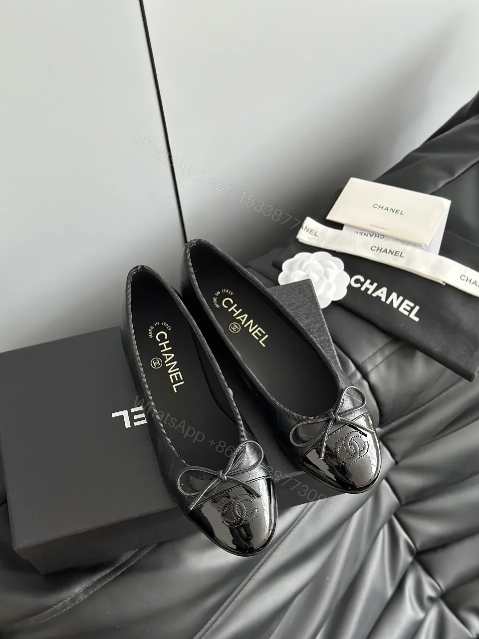 View 5 of Black Leather Ballet Flats with Patent Toe Cap, Subtle Shine