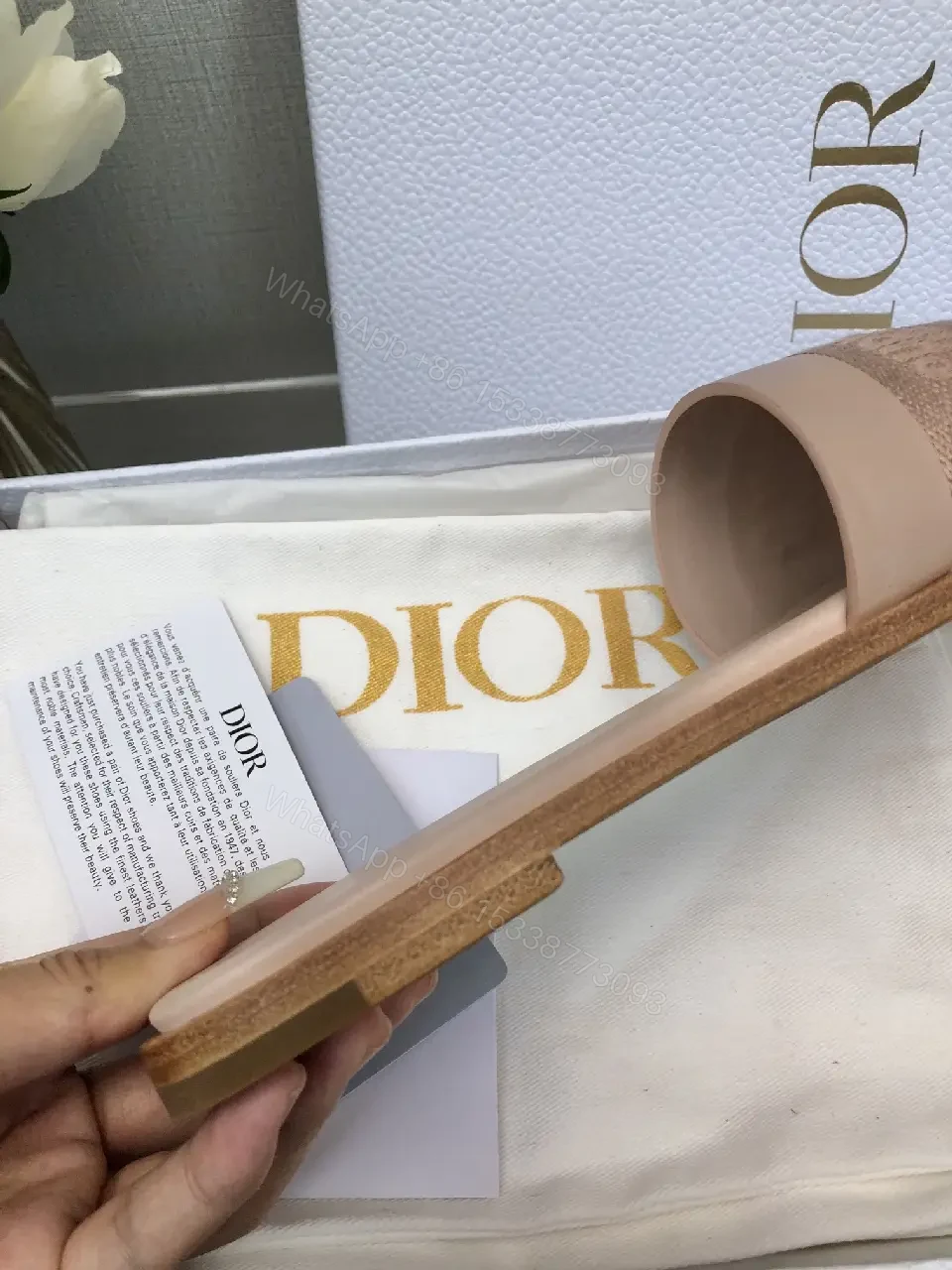 View 10 of Pink Beige Leather Slide Sandals with Dior Band - Paris Theme