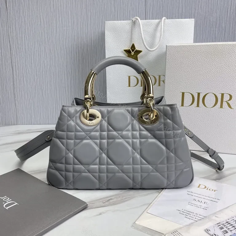 View 7 of Chic Grey Quilted Satchel: Gold-Dior Inspired Luxury Bag