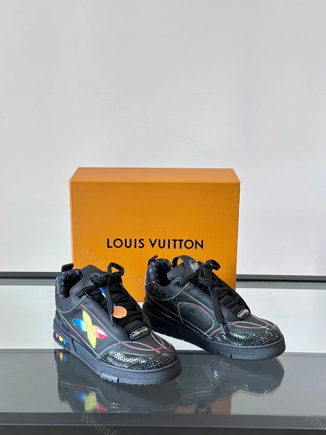 View 4 of LV Men Black Leather Colorful Accent Sneakers
