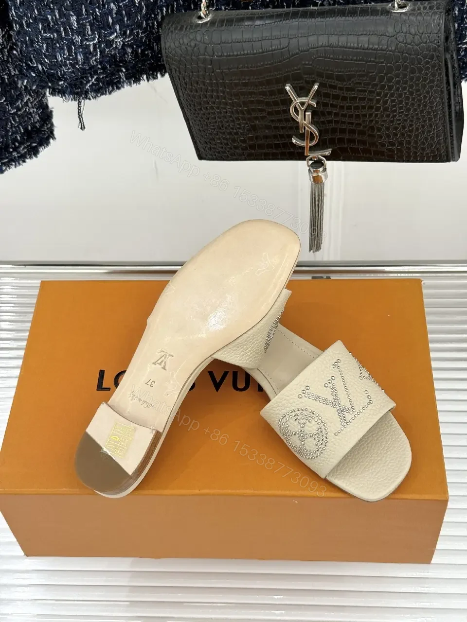 View 6 of Chic Embellished Slides with Crystal LV Detailing