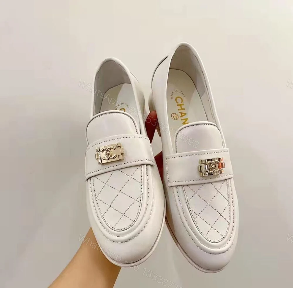 View 5 of Chanel 20B Quilted Boy Lego Metal CC Logo Gold Mule Slip On Flat Loafers White