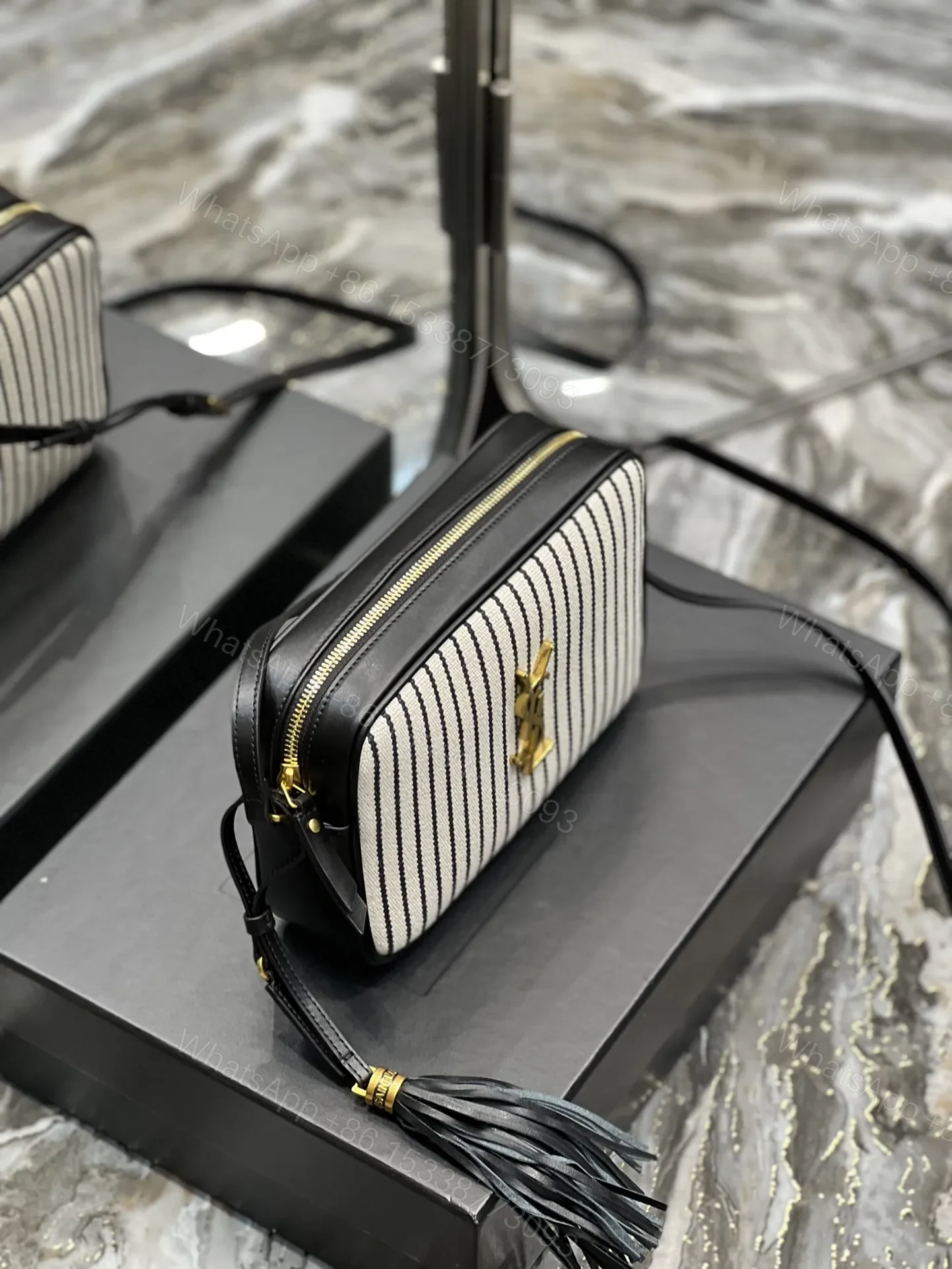 View 3 of SAINT LAURENT Lou Medium Ysl Striped Canvas Camera Crossbody Bag In Grey Cream
