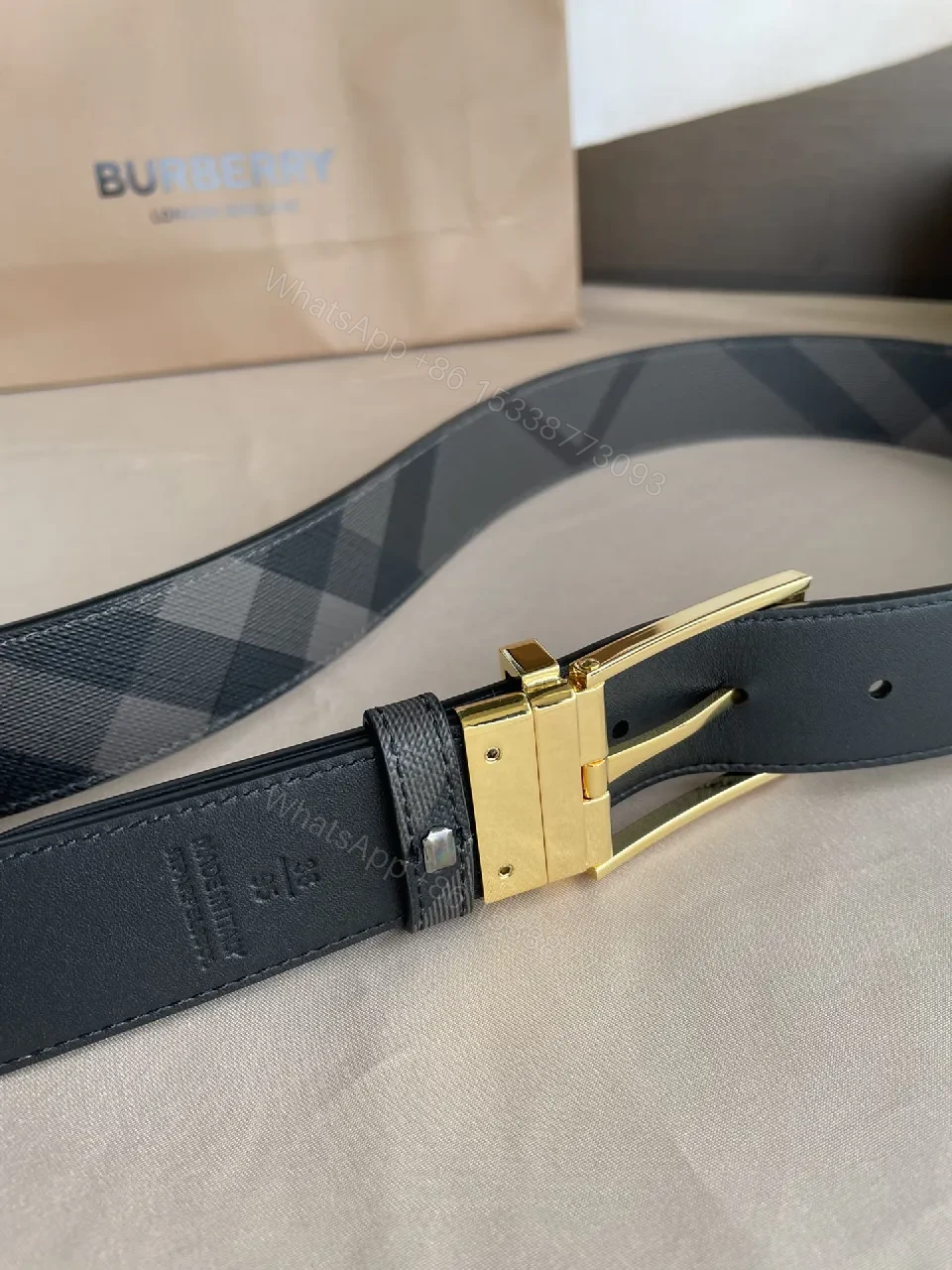View 2 of Patterned Luxury Belt: Checkerboard, Gold Buckle, Leather Waistwear