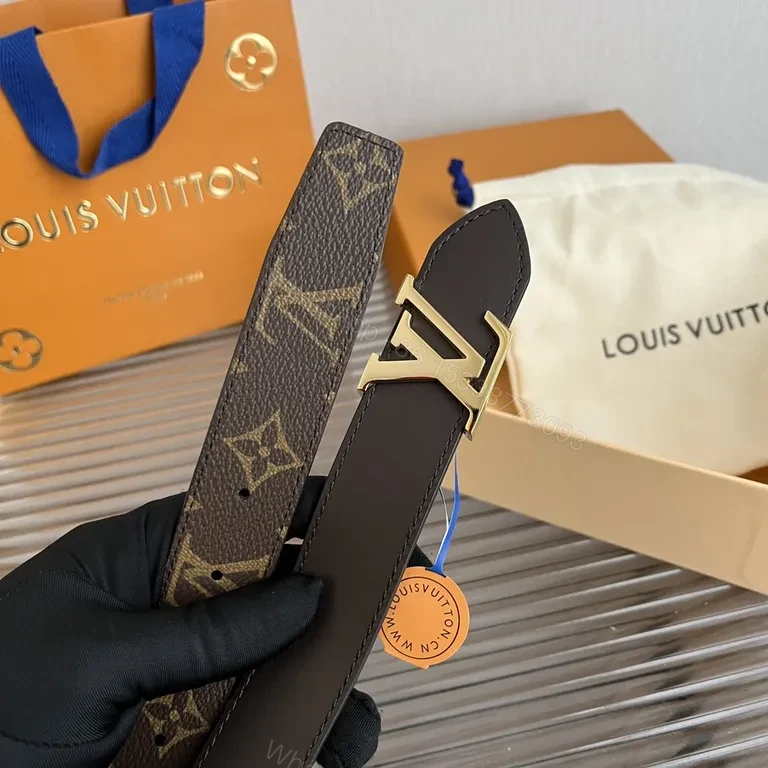 View 5 of Premium Leather Belt with Gold LV Interlock Buckle