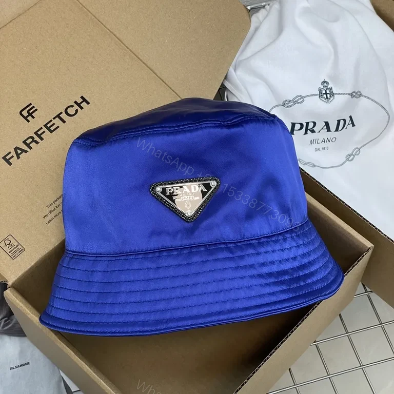 View 5 of Bold Cobalt Blue Nylon Bucket Hat â€“ Luxe Satin Finish, Prada Patch