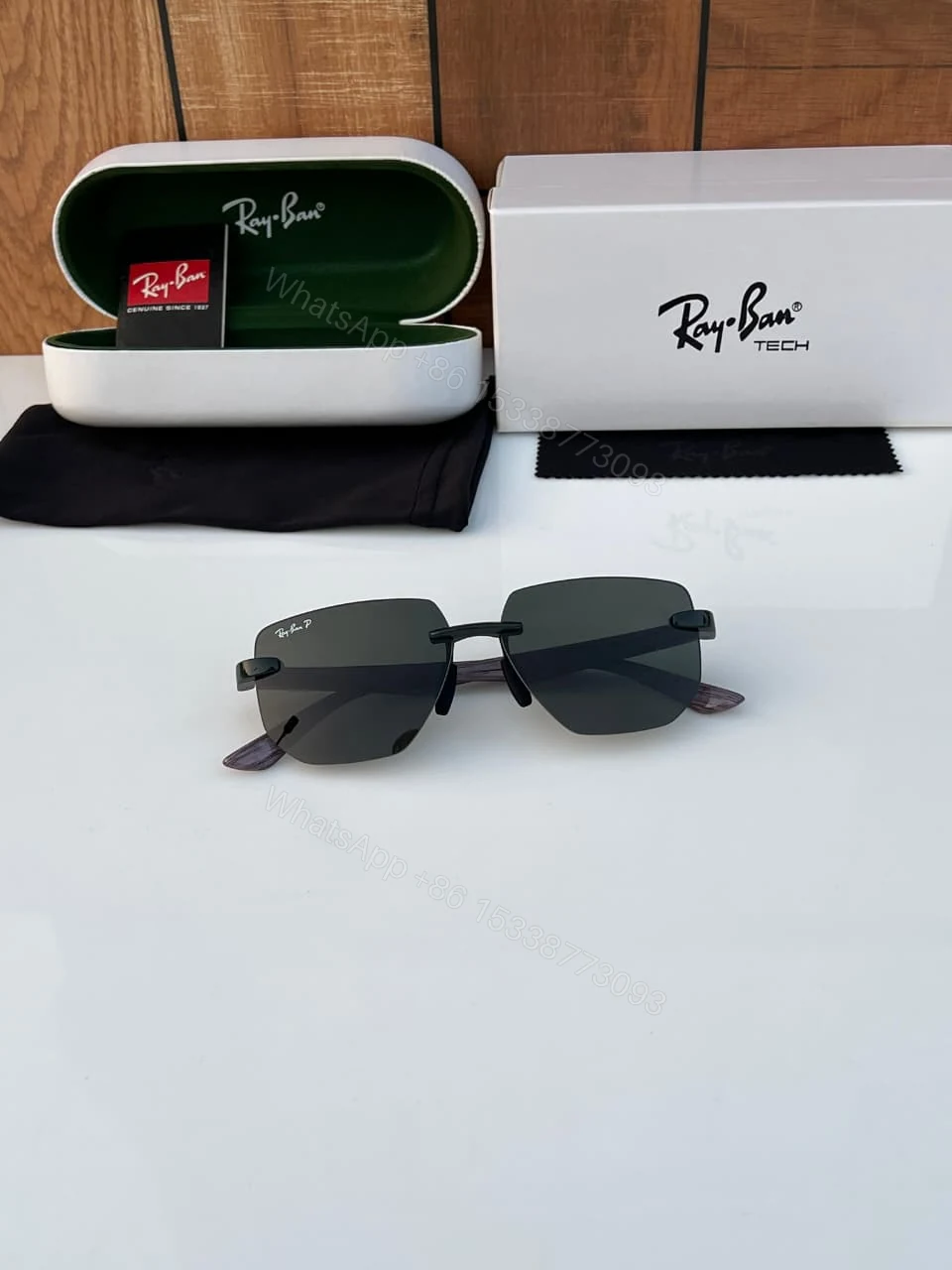 View 4 of Ray-Ban Tech Rimless Square Black-Wood Polarized