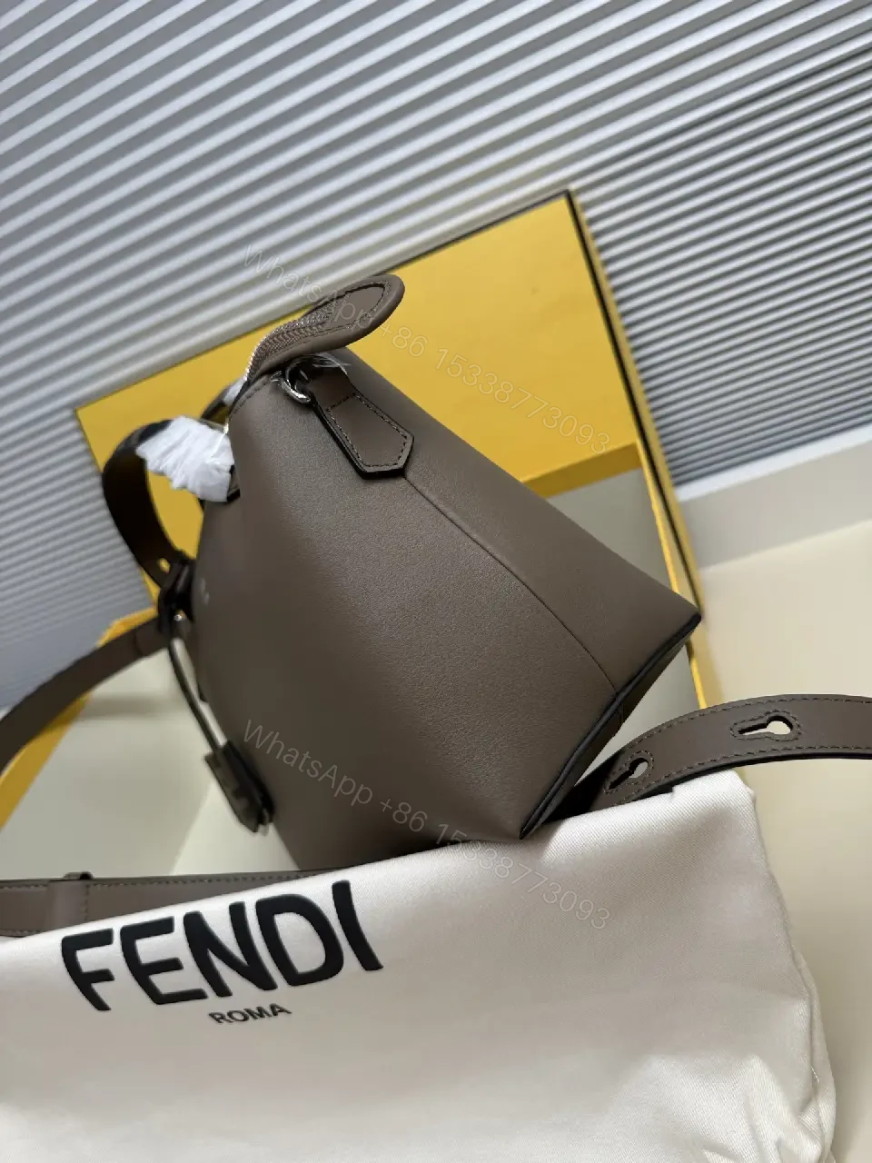View 5 of Taupe-Gray Leather Handbag: Structured, Fendi Roma Logo Details