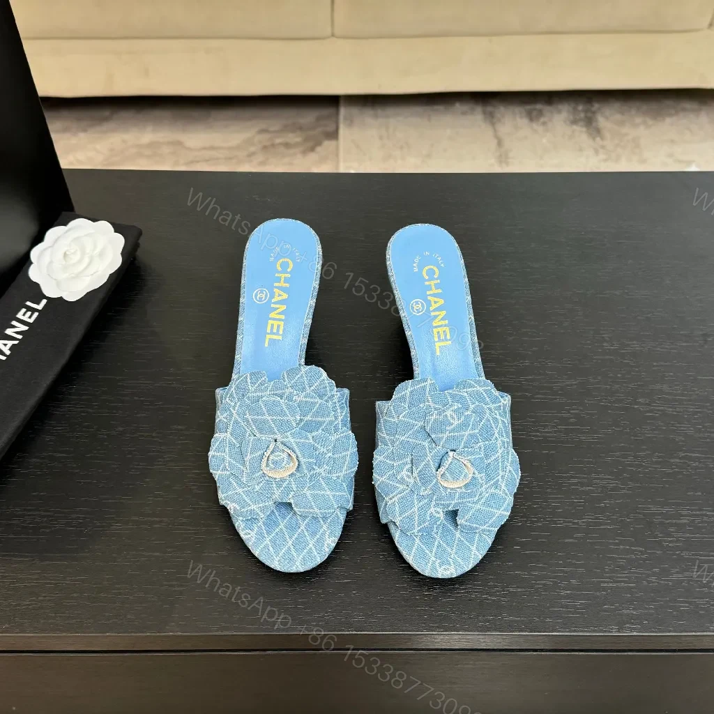 View 5 of Denim-Textured Mules with Floral Detail, Everyday Luxury Comfort